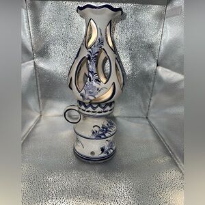 Handcrafted floral blue/white Portuguese Ceramic candle holder 12” lantern style